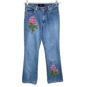 Vintage Fiorucci Safety Jeans Womens 7/8 Rose Floral Embroidered USA Boho Hippie
